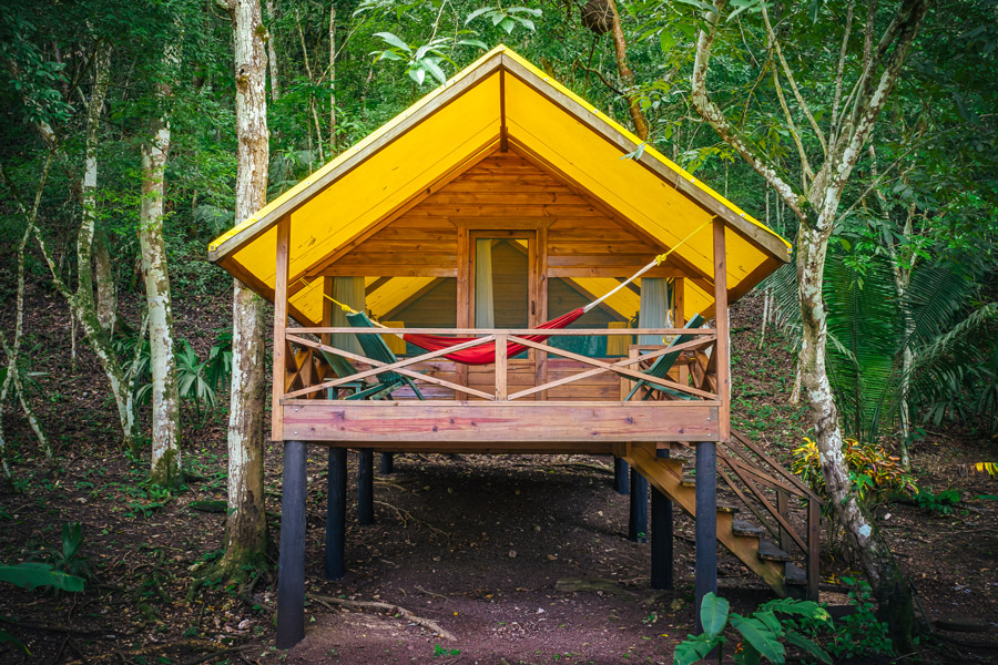 front of eco pods at belize rainforest retreat
