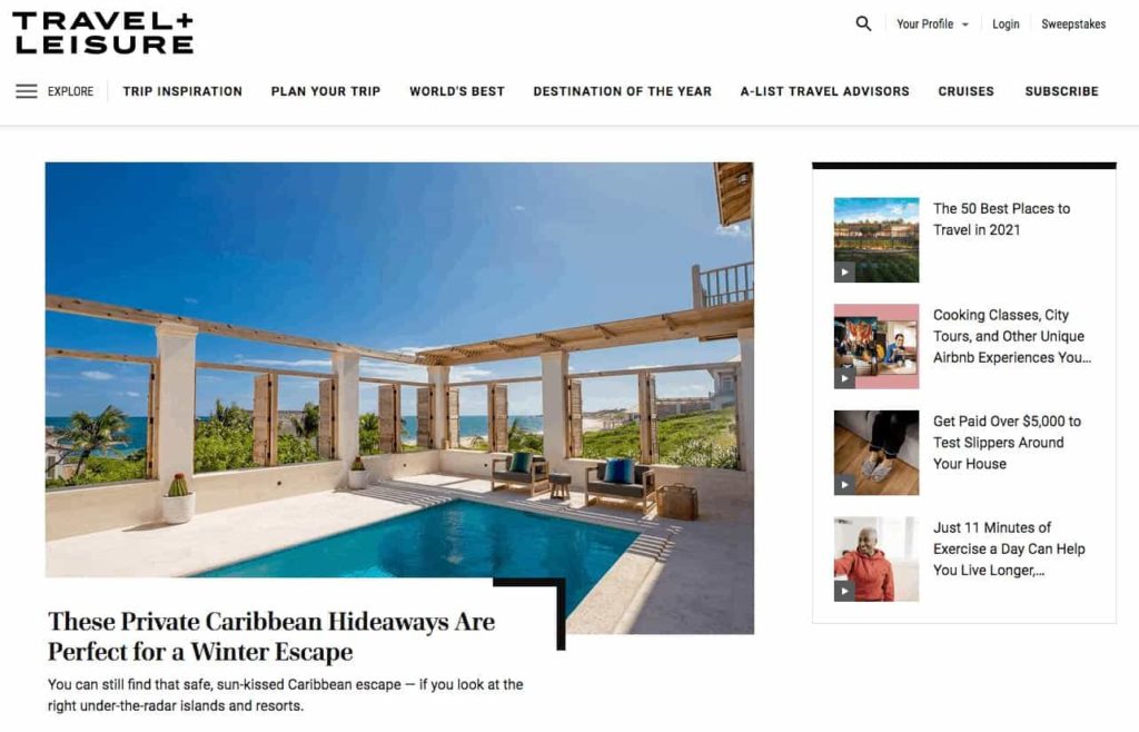 Travel + Leisure website screenshot
