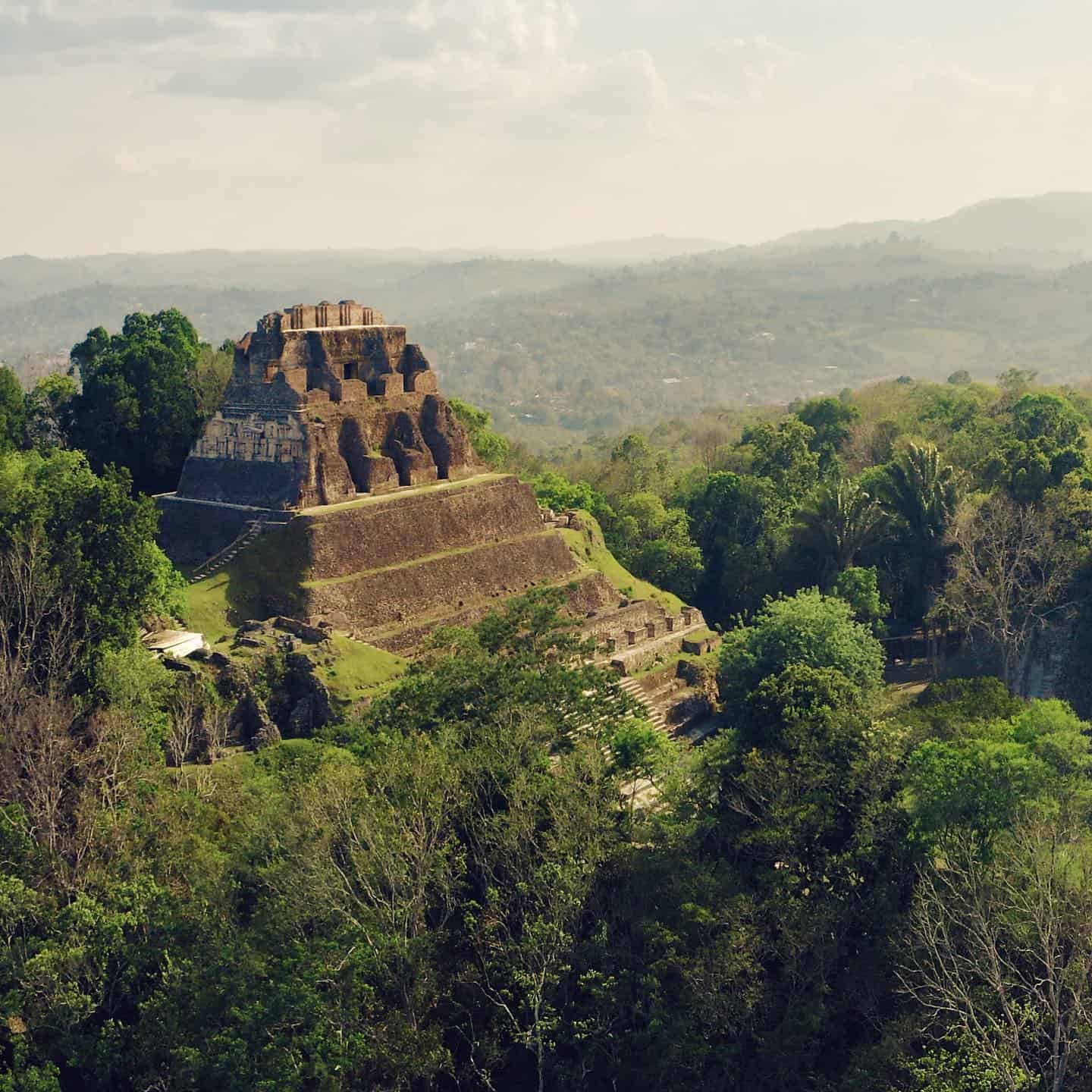 aerial photo of xunantunich belize mayan ruins on family vacation