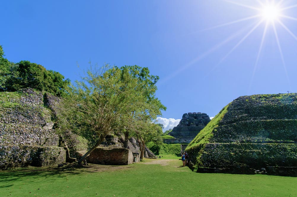 panoramic photo of xunantunich mayan ruins in belize
